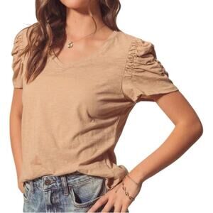 Industry Tan Pima Cotton V-Neck Tee M Ruched Puff Sleeve Minimalist Basic